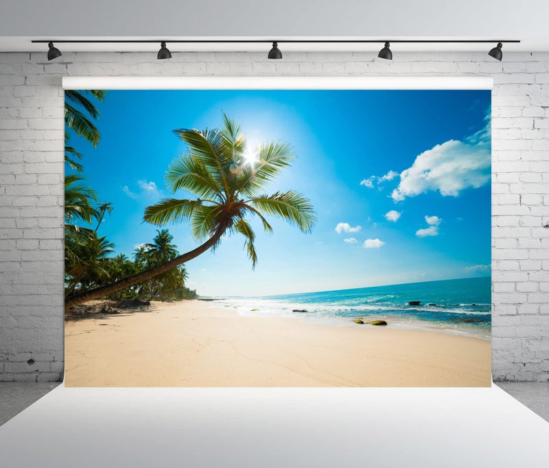 BELECO 9x6ft Fabric Tropical Beach Backdrop Tropical Sand Beach with Palm Trees Ocean Summer Hawaii Phtography Backdrop for Luau Party Decoration Birthday Banner Photoshoot Photo Background Props - Image 1